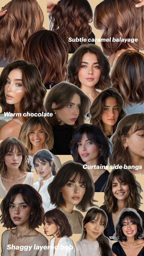 Chocolate hair colours warm side bangs curtain shaggy bob lob Colour Trends 2024, Shaggy Layered Bobs, Hair Colour Trends, Winter Hair Trends, Colour Trend, Caramel Balayage, Colour Trends, Warm Chocolate, Hair Trend