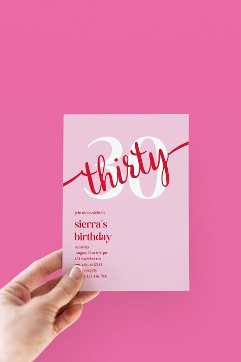 Celebrate her milestone with our customizable editable 30th birthday invitation for her, featuring a modern pink design. This invitation template is perfect for the minimal woman's 30th birthday bash, adorned with stylish pink and red accents. 𝑵𝑶𝑻𝑬: 𝑨𝒍𝒍 𝒕𝒆𝒙𝒕 𝒊𝒔 𝒆𝒅𝒊𝒕𝒂𝒃𝒍𝒆. 🎉 𝑯𝑶𝑾 𝑫𝑶𝑬𝑺 𝑰𝑻 𝑾𝑶𝑹𝑲? 🎉 Once purchased, you will receive a link to a PDF, which will include your 5x7" template and instructions for printing and customizing in Canva.  Canva is a free (and easy Red And Pink 30th Birthday, 27th Birthday Invitations, Pink And Red Invitations, 30 Birthday Invitations Women, 30th Birthday Invitations For Women, 30 Birthday Invitation, 30 Birthday Ideas, 30th Invitation, Pink 30th Birthday