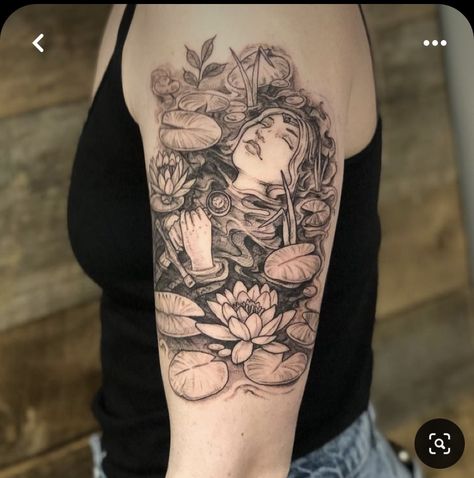 Lady Of Shalott Tattoo, Lady In The Lake Tattoo, Lady Of The Lake Tattoo, Lake Tattoo Ideas, Ophelia Tattoo, Shakespeare Tattoo, Runner Tattoo, Lake Tattoo, Empire Tattoo