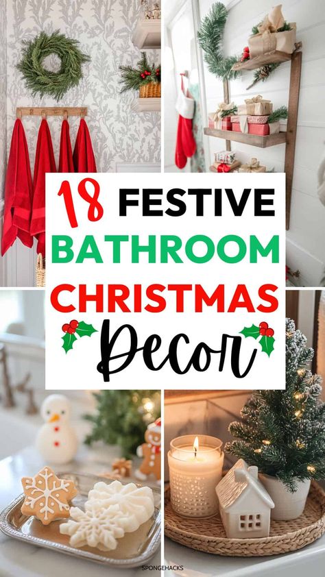 Get these festive bathroom Christmas decor for small spaces. If you have a small bathroom like me, then these small but cute, festive, charming and vintage looking Christmas bathroom ideas are perfect for you! Save this pin for later! How To Decorate A Bathroom For Christmas, Christmas Powder Room Decor, Holiday Bathroom Decor Ideas, Bathroom Decor For Christmas, Christmas Bathroom Decorating Ideas, Bathroom Christmas Tree, Small Bathroom Christmas Decor, Christmas Decor Ideas Hallway, Christmas Decor Ideas For Bathroom