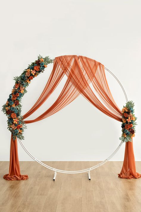 Burnt Orange Weddings Reception, Burnt Orange Decorations, Diy Arch Decor, Burnt Orange Centerpieces, Teal Flower Arrangements, Burnt Orange Wedding Centerpieces, Teal And Burnt Orange Wedding, Burnt Orange And Teal Wedding, Wedding Arch Decorations