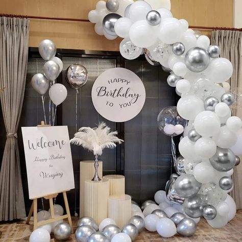 White Silver Balloon Arch, Silver Balloon Arch, Baby Shower Balloon Arch, Gold Confetti Balloons, Silver Balloon, Metallic Balloons, Up Balloons, White Balloons, Bachelorette Party Decorations