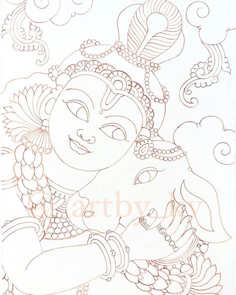 Kerala Mural Outline Sketches, Mural Painting Sketches, Onam Painting Ideas, Mural Art Outline, Canvas Outline Ideas, Mural Art Krishna, Onam Craft, Pichwai Paintings Outline, Mural Painting Outline