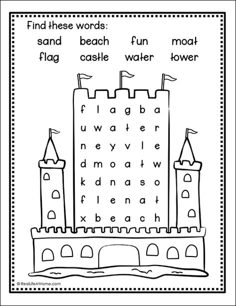 Easy Word Search Free Printable, Puzzle Sheets Free Printable, Preschool Word Search, Kindergarten Summer Worksheets Free Printables, Cvc Word Search Free, Word Search Preschool, Kindergarten Word Search Free Printable, 1st Grade Word Search, Sandcastle Crafts For Kids