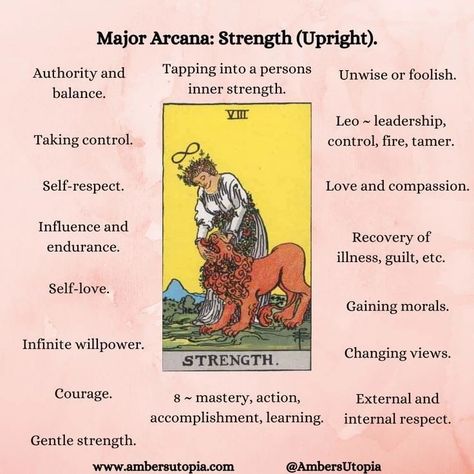 Major Arcana Meanings, Major Arcana Tarot, Strength Tarot, Tarot Interpretation, Tarot Card Tattoo, Arcana Tarot, Tarot Cards For Beginners, Learning Tarot Cards, Tarot Guide