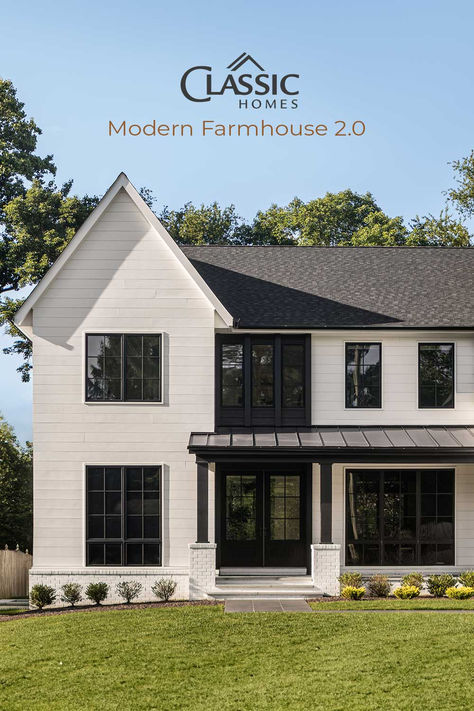 An exterior comprised of stark black and white detailing with a blend of siding and custom finishes, brings both visual interest as well as human scaling to the façade. Black And White Modern Farmhouse Exterior, Modern White Farmhouse Exterior, Black And White Exterior, 2 Story Farmhouse, White Farmhouse Exterior, Reclaimed Beams, House Dream, Farmhouse Aesthetic, White Exterior