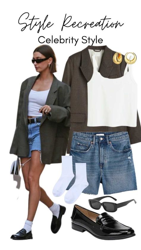 Jean Shorts And Loafers Outfit, Denim Shorts Tank Top Outfit, Denim Shorts And Loafers Outfit, Loafers And Denim Shorts, Brown Blazer Outfit Summer, Jean Shorts Blazer Outfit, White Socks And Loafers Outfit, How To Dress Up Denim Shorts, Shorts Outfit With Blazer