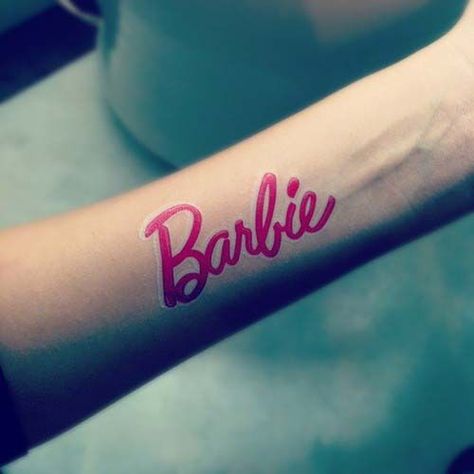 Barbie Symbol, Barbie Tattoo, Mermaid Barbie, Pink Tattoo, Cool Wrist Tattoos, Self Love Tattoo, Barbie Logo, Sweet Tattoos, Back Of Shoulder Tattoo