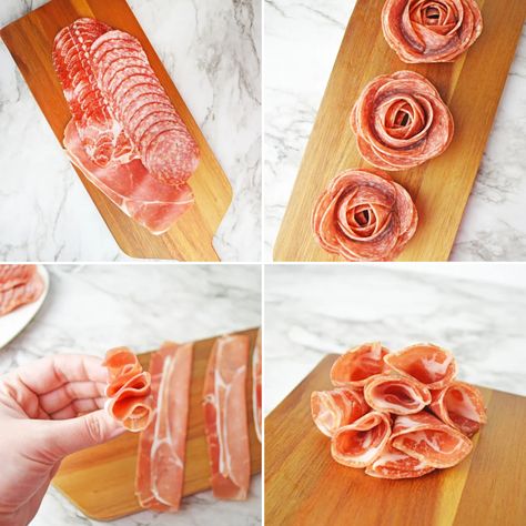 Sandwich Meat Charcuterie Board, How To Roll Ham For Charcuterie, Meat Ribbon Charcuterie, Ways To Fold Prosciutto, How To Make Salami Ribbons, How To Display Prosciutto, Charcuterie Board Meats Ideas, Prosciutto Flower How To, Prosciutto Rose How To