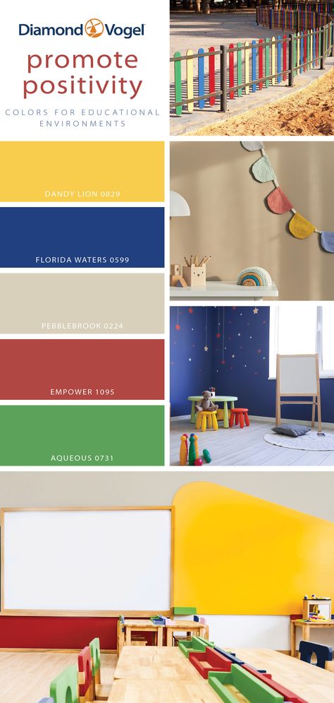 With vacation season ending, and back to school around the corner, this month’s palette explores colors for educational environments. Focusing on preschool and elementary school spaces, a palette of primary and secondary colors is our choice. Childcare Color Palette, Classroom Colour Scheme, School Colour Palette, Preschool Classroom Color Scheme Ideas, Office Color Palette Work Spaces, Preschool Color Palette, Color Palette Classroom, Kindergarten Color Palette, School Color Palette Colour Schemes