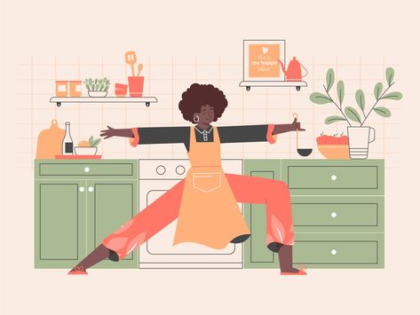 Kitchen Vector Illustration, Kitchen Workout, Workout Illustration, Interior Vector, Kitchen Illustration, Illustration Design Graphique, Illustration Kitchen, Yoga Images, Kitchen Drawing