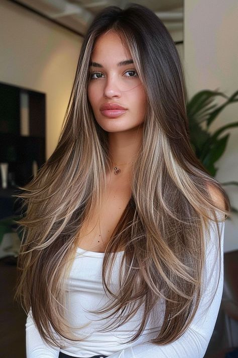 Haircuts With Long Layers, Straight Hair Haircuts, Short Bleached Hair, Balayage Straight Hair, Brown Hair Inspo, Straight Hair Cuts, Money Piece, Mode Turban, Gorgeous Hair Color