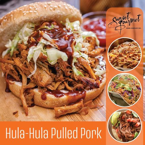 HULA-HULA PULLED PORK 4 1⁄2 lbs. (2.04 kg) pork loin 2 Tbsp. Hula-Hula Hawaiian Seasoning Blend 1 Tbsp. Oh! So Garlic 1 Tbsp. Onion, Garlic & Herb Seasoning 1 can (355 mL) root beer SAUCE: 1 bottle Sunset Gourmet’s Smoky Sweet Grilling Sauce 1⁄2 bottle Smokehouse Tangy Mustard BBQ Sauce 1⁄2 cup Caribbean Mango Tequila Sauce 1 cup apple juice Season pork loin with seasonings and place in a large container with a lid or large sealable bag, refrigerate for several hours or preferably overnight. Hawaiian Seasoning, Tequila Sauce, Sunset Gourmet, Beer Sauce, Mustard Bbq Sauce, Herb Seasoning, Garlic Herb, Seasoning Blend, Pork Loin