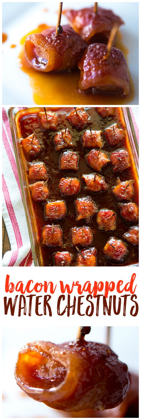 Bacon Wrapped Water Chestnuts - Just tried these for a holiday party. Such an easy and absolutely delicious appetizer recipe! You can't eat just one! Jalapeno Recipes Appetizers, Friendsgiving Recipes Appetizers, Pilsbury Recipes, Bacon Wrapped Water Chestnuts, Meatball Recipes Crockpot, Appetizers Christmas, No Cook Appetizers, Bacon Appetizers, Appetizer Dishes