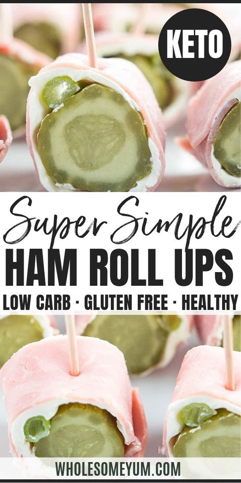 Ham Roll Ups Recipe - Ham Cream Cheese Pickle Roll Ups (The Easy Gluten-Free Cookbook) - Dill pickle ham roll ups are quick & easy. If you want a simple, low carb, gluten-free snack or appetizer, make these ham cream cheese pickle roll ups! #wholesomeyum #keto #lowcarb #appetizer #ketoappetizer #snack #ketosnack #easyrecipe #healthyrecipe #healthyketorecipe #glutenfree Cream Cheese Pickle Roll Ups, Pickle Roll Ups, Ham Roll Ups, Quick Keto Breakfast, Gluten Free Cookbooks, Roll Ups Recipes, Low Carb Easy, Low Carb Appetizers, Low Carb Lunch