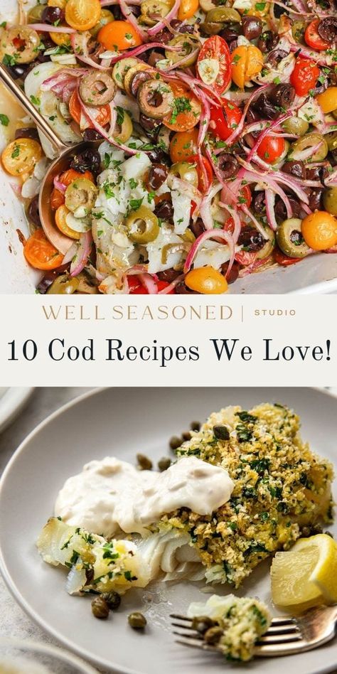 These are my Top 10 Cod Recipes to inspire your next seafood dinner at home! If you're not familiar with cod fish, it's a tender and flaky, mild white fish that can be prepared in a variety of ways, from pan-searing and grilling to baking or frying. These are my favorite easy cod recipes that have minimal prep work, but deliver big flavor. Enjoy as part of a balanced meal with your favorite side dishes or a big salad. #wellseasonedstudio #cod #fish #codrecipes Cod Fish Appetizers, Marinade For Cod Fish, Cod With Pesto Recipes, Summer Cod Recipes, Cod Fish Casserole Recipes, Pacific Cod Recipes Baked, Link Cod Recipes, Cod Dishes Dinners, Cod And Couscous Recipes