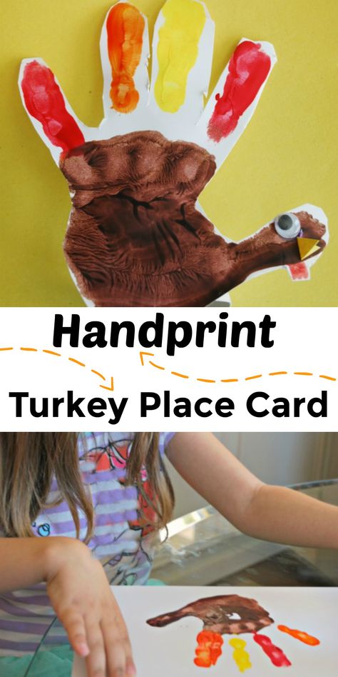 Thanksgiving Name Place Cards Diy Kids, Handprint Turkey, Turkey Place, Turkey Place Cards, Thanksgiving Crafts For Toddlers, Fun Thanksgiving Crafts, Turkey Places, Thanksgiving Crafts Preschool, Turkey Handprint