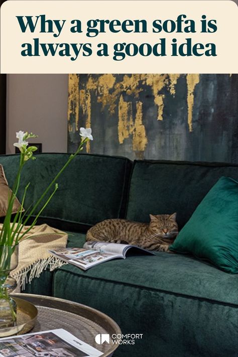 Why a green sofa is always a good idea Green Sofa Inspiration, Green Sofa Decor, Living Room Design Green, Green Sofas, Green Sofa Living, Blue And Green Living Room, Green Sofa Living Room, Modern Chic Design, Green Lounge