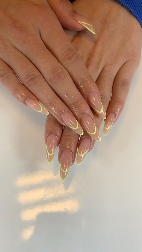 baggesnaglar on Instagram: My first reel lol 🤣 #french outline using color ’Sunshine’ ______ #nails #bling #nailvideos #reelsinstagram #nailreels #nailsofinstagram… Outlined French Tip Nails Almond, French Nails Outline, Gold Outlined Nails, One Line French Nails, Glitter Outline French Nails, Gold French Tip Outline Nails, French Outline Nails, Outline Nails Design, French Wedding Nails