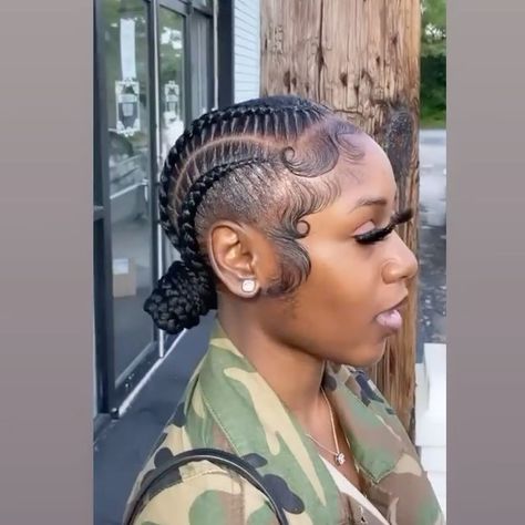 Stitch Braids Cornrows With 2 Buns, Two Cornrow Braids With Bun, 2 Bun Stitch Braids, Feed In Braids Cornrows Two Buns, Feed In With Bun In Back, Cute Feed In Braids Styles With Bun, 4 Braids Cornrows Black Women, Five Feedin Braids To The Back, Braids Into Two Buns For Black Women