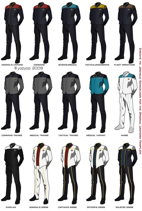 Star Trek uniforms I intend to make every singe one of the medicine related ones... Star Trek Armor, Star Trek Uniforms Concept, Sci Fi Outfit Ideas, Scifi Suit, Space Uniform, Military Outfits, Sci Fi Uniform, Naval Uniform, Pilot Party