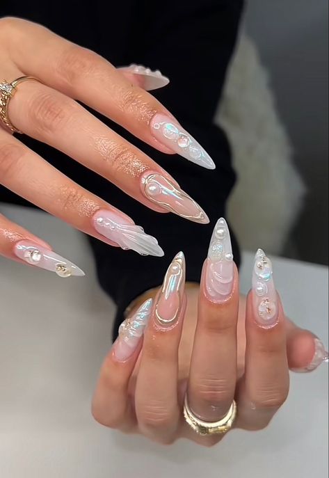 Ethereal Nail Designs, Almond Nails Kpop, Ethereal Acrylic Nails, Angelic Nails Acrylic, Sirencore Nails, White Fairy Nails, Siren Nails Aesthetic, Swan Lake Nails, Long Nails With Gems