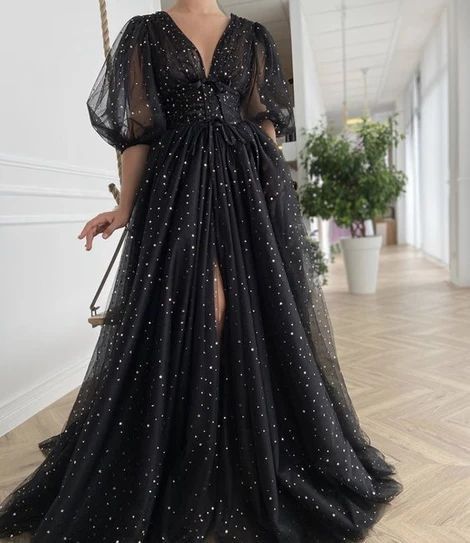 ecd62de20ea67e1c2d933d311b08178adesc50213320ri Black Tulle Prom Dress, Prom Dresses Sparkly, Graduation Party Dresses, Formal Ball Gown, Plus Size Prom, V Neck Prom Dresses, A Line Prom Dresses, Black Tulle, Plus Size Prom Dresses