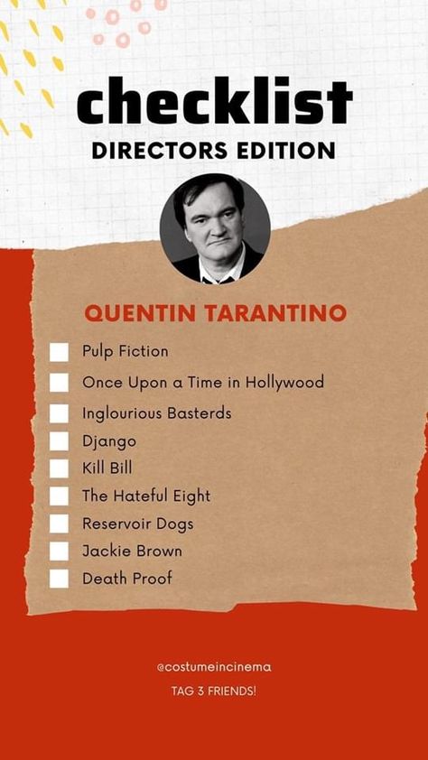 Checklist Directors Edition, Quentin Tarantino Movies List, Quentin Tarantino Pulp Fiction, Movie Recs, Quentin Tarantino Films, Quentin Tarantino Movies, Filmmaking Inspiration, Tarantino Films, Film Recommendations