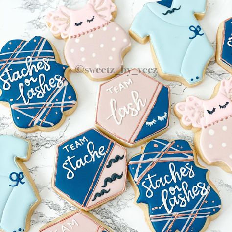 Navy And Rose Gender Reveal, Gender Reveal Colors, Lashes Or Staches Gender Reveal, Staches Or Lashes Gender Reveal, Gender Reveal Shower Ideas, Cookies Gender Reveal, Lashes Or Staches, Staches Or Lashes, Navy Blue And Rose Gold