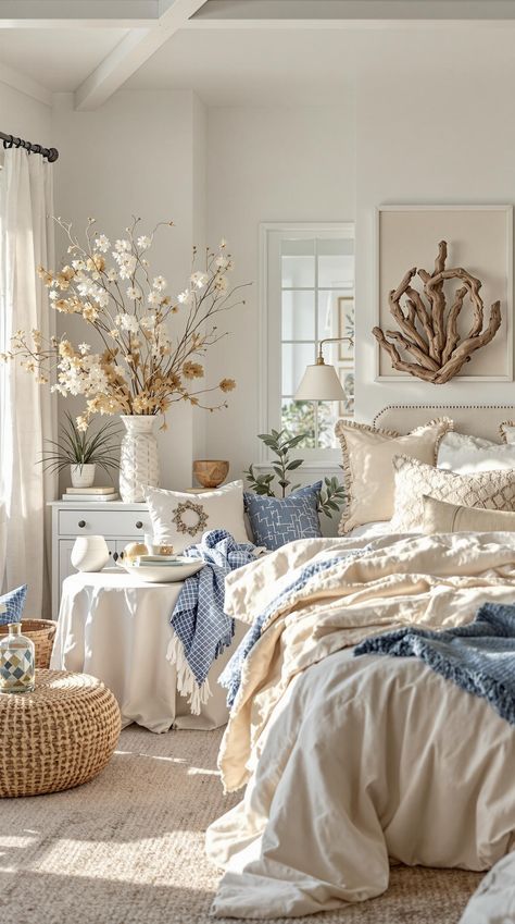 Boho Bedroom Apartment Beachhouse Bedrooms Aesthetic, Blue Cottage Core Bedroom, Coastal Boho Bedroom Ideas, East Coast Bedroom, Boho Bedroom Blue, Boho Bedroom Apartment, Coastal Grandma Bedroom, Bedding Texture, Light Blue And White Bedroom