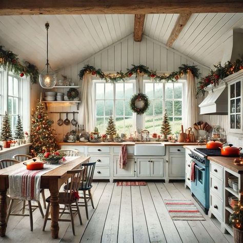 Christmas Kitchen Apartment, Small Christmas Tree In Kitchen, Kitchen Window Christmas Decor, Country Christmas Kitchen, Christmas Farmhouse Kitchen, English Cottage Christmas, Vintage Christmas Kitchen, Kitchen Christmas Tree, Farmhouse Christmas Kitchen