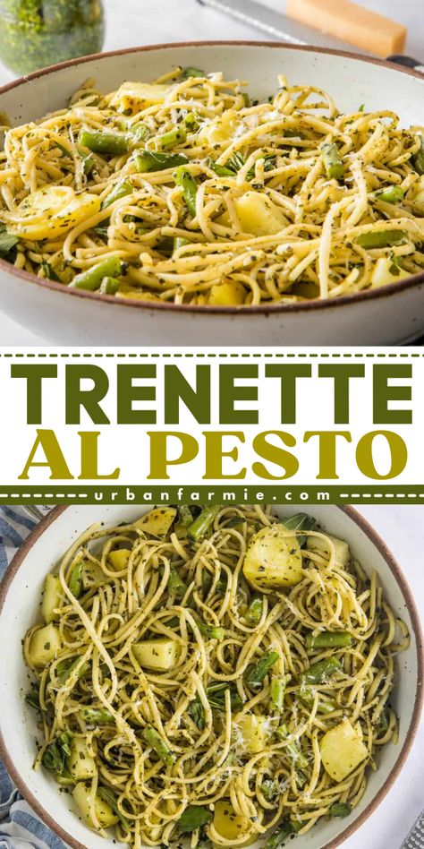 Out of simple weeknight dinner ideas? This Trenette al Pesto is a quick and easy pasta with basil pesto, potatoes, and green beans. This weeknight dinner recipe for the family is hearty and comforting! Pin this recipe! Green Bean Pesto, Trenette Al Pesto, Potato And Green Beans, Pasta With Basil, Italian Pesto, Weeknight Dinner Ideas, Easy Drinks To Make, Meals Without Meat, Potatoes And Green Beans