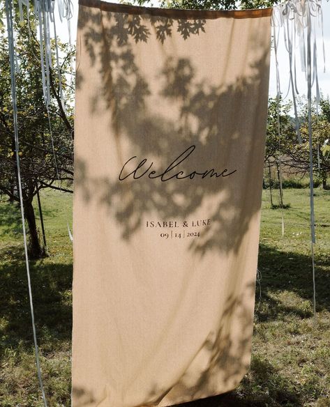 The bigger the linen sign the better ;) ⁠ ⁠ Photography: @anitapeeples⁠ Planning and design: @seaandsilkevents⁠ Florals: @maisonanthea⁠ Venue: Private Estate⁠ Makeup: @sarethefacemaker⁠ Hair: @hairbycarm⁠ Rentals: @decoreventrentals @unaviavintage @groupeabp @valley_tent⁠ Linen signs: @gracefieldeventdecor⁠ ⁠ #wedding #bowswedding #weddingbows #weddingceremony #bleeksandbergamotwedding #ottawaweddingplanner #ontarioweddingplanner #weddinginspo #weddingbow #realwedding #weddingbar #weddingplan... Linen Drapes Wedding, Linen Wedding Sign, Linen Signage, Linen Backdrop, Draping Wedding, Linen Wedding, Linen Drapes, Backdrop Wedding, Wedding Linens