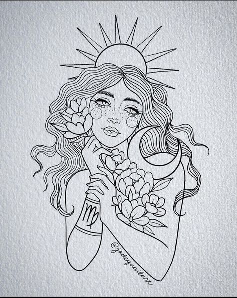 Zodiac Women Tattoo, Astrological Drawings, Virgo Drawing Sketch, Virgo Goddess Art, Virgo Art Drawing, Virgo Coloring Pages, Virgo Drawing, Virgo Tattoo Designs, Animal Illustration Kids