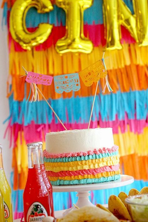 Party Cake from Cinco “en” Mayo 5th Birthday Fiesta | Kara's Party Ideas Mexican Birthday Party Ideas, Mexican Themed Cakes, Mexican Birthday Party, Crafting Aesthetic, Mexican Cake, Mexican Birthday Parties, Birthday Fiesta, Fiesta Cake, Mexican Birthday