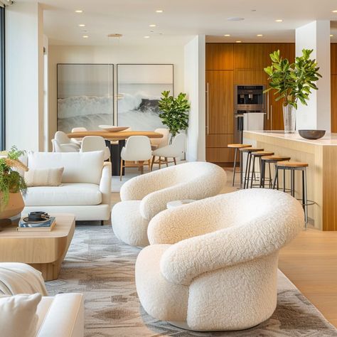 The fluidity of the design maximizes space while prioritizing human needs and desires Contemporary Style Living Room Ideas, Curves Sofa, Condos Luxury Apartments, Contemporary Home Interiors, Penthouse Decor, Contemporary Style Living Room, Vibrant Interior Design, Beautiful Condo, Vibrant Interior