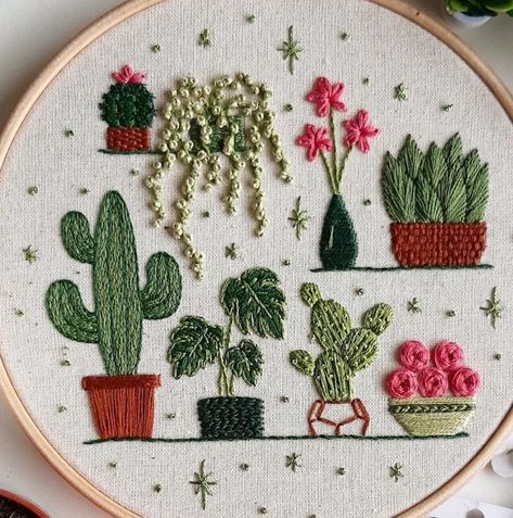 Succulent Hand Embroidery, Emboirdery Design Drawing, Embroidery Plant Pattern, Embroidered Succulents, Flower Vase Embroidery, Flower Pot Embroidery, Cactus Embroidery Pattern, Embroidered Plants, Succulent Embroidery