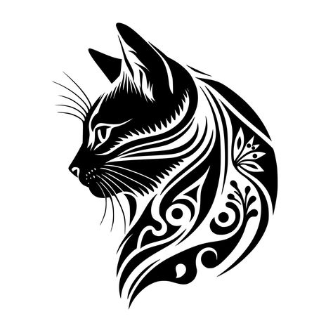 Stylized, ornamental cat portrait. Design for embroidery, tattoo, t-shirt, mascot, logo. Cricut Cat Silhouette, Tattoo Outline Drawing Stencil Ideas, Tattoo Outline Drawing Stencil, Silhouette Chat, Animal Stencil Art, Cat Logo Design, Embroidery Tattoo, Tattoo T Shirt, Tattoo Outline Drawing