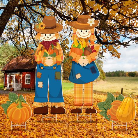 PRICES MAY VARY. Scarecrow Figure: you will receive 4 pieces yard fall decorations with 4 pieces H shaped brackets and 4 glass stick, which feature cute straw figures, including a boy and a girl, holding pumpkins and hazelnuts, will bring Thanksgiving cheer to your friends or neighbors Lovely Design: the yard scarecrow decoration come with Thanksgiving design elements and autumn color; The sizes of scarecrows are about 10.47 x 32.28 inches, suitable to be placed on your porch and will be eye cat Fall Yard Signs, Fall Outdoor Decorations, Thanksgiving Scarecrow, Harvest Porches, Scarecrow Decorations, Fall Yard Decor, Scarecrows For Garden, Fall Yard, Front Yard Decor