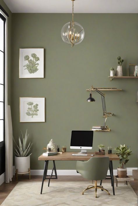 home decor interior design,interior bedroom design,designer wall paint,home paint colors Sage Green And Black Office, Grey And Green Office Ideas, Hygge Office At Home, Olive Green Home Office, Home Office Feature Wall, Sw Artichoke, Edgecomb Gray Walls, Green Walls Office, Green Home Office Ideas