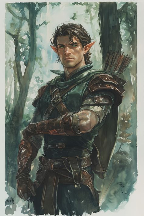 Talaran Lightfoot stands tall and slender, typical of his elven kin. His skin possesses a smooth alabaster hue, and his high cheekbones create defined contours along his face. Talaran's hair, a vivid shade of copper, falls in thick, wavy locks that frame his sharp features. His eyes are a bright emerald green, glimmering with intensity. He wears soft leather armor dyed a rich chestnut brown, accen... Thick Character Art, Character Showcase, Elven Armor, Pathfinder Rpg Characters, Ranger Dnd, Sharp Features, Elf Ranger, Dnd Elves, Male Elf