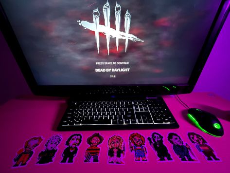 my colorful gaming pc desk setup for dead by daylight night #horror #pennywise #deadbydaylight #gaming #pc #pcgaming #pcgamer #horrorgames #chucky #scream #ghostface #michaelmyers Horror Pc Setup, Gaming Pc Desk Setup, Pc Desk Setup, Spooky Nintendo Switch Games, Dead By Daylight Legion, Creepy Nintendo Switch Games, Nintendo Switch Horror Games, Pc Gaming Desk, Scream Ghostface