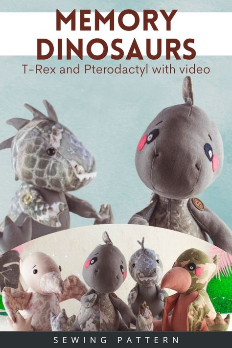 Memory Dinosaurs sewing pattern (T-Rex and Pterodactyl with video). Nows your chance to recycle and create memory dinosaurs T-Rex raptor and Pterodactyl plush toys. You can make new toys with old clothes using the designer's step-by-step pattern and tutorial. The designer even includes a free video tutorial including special detailed close-up videos for the tricky parts. ou'll be given a lot of options that will allow you to personalize these dinosaur toys quite a lot. You can choose between two Lovey Sewing Pattern, Memory Bears Pattern Free, Quilted Christmas Gifts, Diy Plush Toys, Memory Bears Pattern, Bear Patterns Free, Diy Sewing Gifts, Soft Toy Patterns, Animal Sewing Patterns