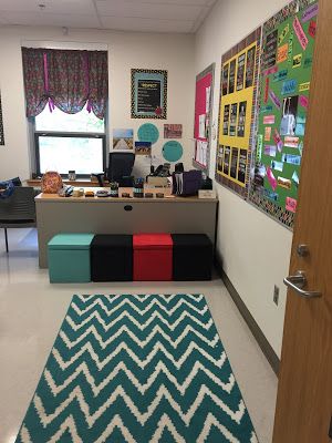 School counselor office...note the storage cube ottomans...could be fun to have Ellie and Katherine sit on these while counselor is in office chair...teachers stand for authority??? Elementary School Office Decor Ideas, Elementary School Office, Principal Office, Guidance Office, School Nurse Office Decorations, Social Work Offices, School Counselor Office Decor, School Office Decor, School Nurse Office