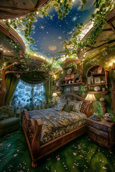 Escape to Enchantment: Tour a Whimsical, Nature-Themed Bedroom Oasis Cottage Fairy Core Aesthetic, Magical Forest Bedroom Ideas, Fairy Tale House Interior, Elvish Room Aesthetic, Fairy Fantasy Bedroom, Fantasy Inspired Home, Druid Room Aesthetic, Howl's Bedroom Aesthetic, Whimsical Interior Design Living Room