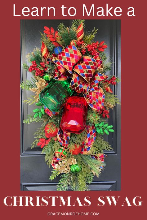 Christmas Swags For Front Door Diy, Christmas Swags Ideas Diy, Diy Swag, Christmas Wreath Designs, Front Door Swag, Diy Christmas Door, Jewel Ornaments, Christmas Door Decoration, Swag Ideas