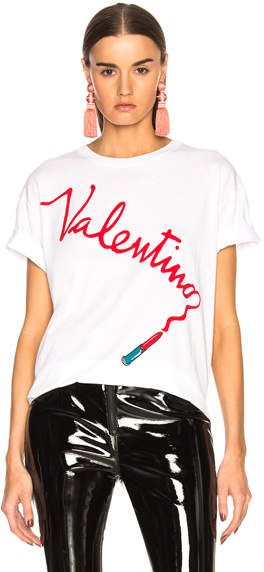 Valentino Lipstick Graphic Tee Valentino Tshirt, Valentino Lipstick, Valentino Shirt, Millie Mackintosh, Poppy Delevingne, White Graphic Tee, Graphic Tops, Lauren Conrad, Cotton Tops