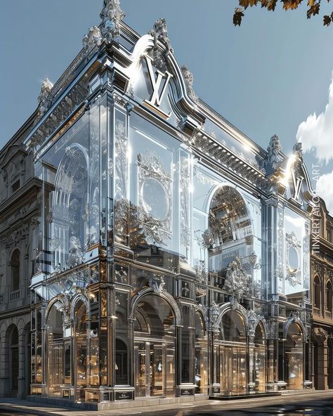 ✨ Luxurious facade design, a celebration of maximalism and Baroque style, adorned with lavish silver details and exquisite mirrors.… | Instagram Baroque Architecture, Fantasy City, Art Deco Architecture, Baroque Style, Maximalism, Conceptual Design, Luxury Homes Dream Houses, Nature Indoors, Facade Design