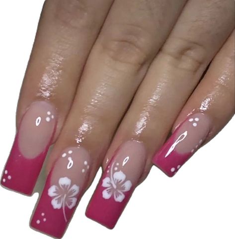 pink french tip hibiscus flower nails Pink French Tip Nails Y2k, How To Do Hibiscus Flower Nails, Hisbusic Flower Nails, Hawaiian Flower Nails Hibiscus, Hibiscus Flower Nails, Hawaiian Flower Nails, Pink French Tip, Pink French Nails, White French Tip