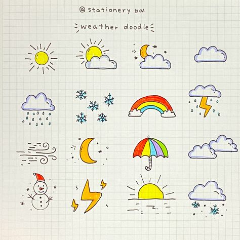 simple weather doodles for beginners . . . 🎈Get great deals for washi tapes, pens, brush pens, and much other stationery at our shop. Click the link in bio @stationerypal or visit stationerypal.com Doodle Art Designs For Beginners, Simple Doodle Ideas For Beginners, Brush Pen Drawing Ideas Easy, Doodles Beginners, Brush Pen Drawing Ideas For Beginners, Simple Journal Ideas For Beginners, How To Doodle For Beginners, Brush Pen Art Drawing Easy, Doodles For Beginners